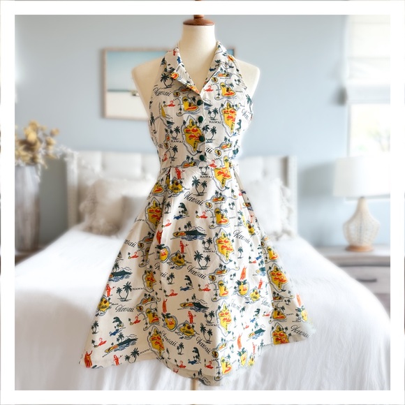 Modcloth Hawaii Print "Genuine Genius Halter Shirtdress in Island” - Picture 5 of 12